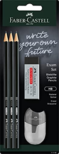 Faber-Castell 111183 - Bleistiftset Exam, mit drei Bleistiften 1111 Härtegrad HB, mit Spitzer und Radierer, Schwarz