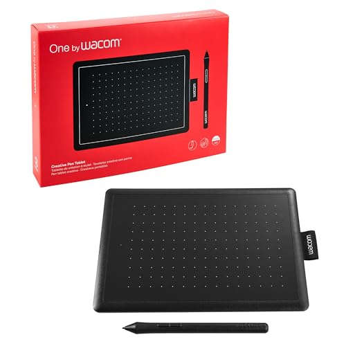 One by Wacom Stifttablett mit drucksensitivem Stift, geeignet für Windows, Mac & Chromebook, Small, schwarz / rot