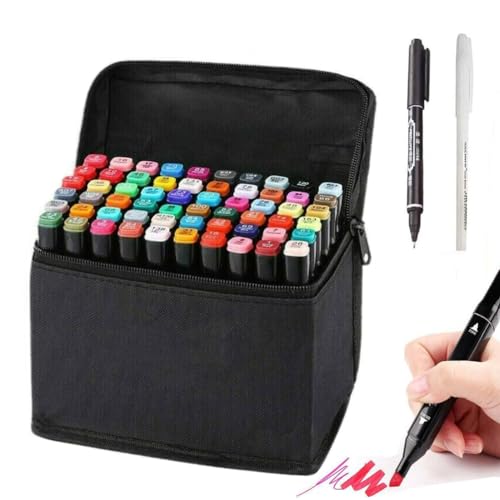 HanQix Farben Marker Stifte Grafitti 61+2 Farbige Twin Tip Textmarker für Studenten Manga Kunstler Sketch für Sketch Marker Pens Set Mit Aufbewahrungstasche