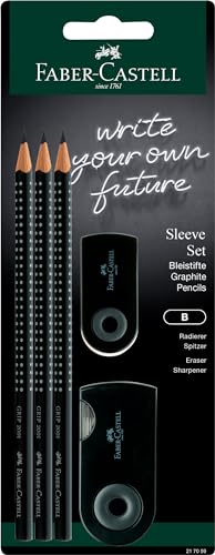 Faber-Castell 217059 - Bleistifte Set Sleeve, mit Spitzer, Radiergummi und 3 Bleistifte, Schreibset Grip 2001 schwarz