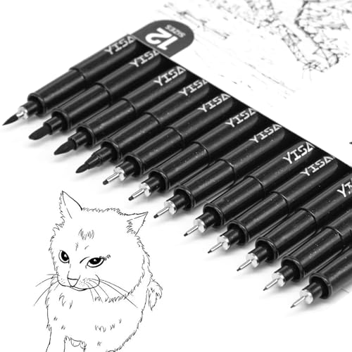 YISAN 12 Fineliner Stifte Set, Schwarz Filzstiften,Tuschestift Pigment Liner Set, Wasserfest, Stifte für Künstler, Illustration, Skizzen, Technisches Zeichnen, 902195