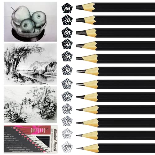 OWLKELA 12 Stüch Bleistifte, Bleistifte Set - 2H H F HB B 2B 3B 4B 5B 6B 7B 8B, Skizzierstifte, Zeichenbleistifte - Künstlerischen Kreationen, Zeichnungen, Skizzieren - Liebhaberin der Malerei