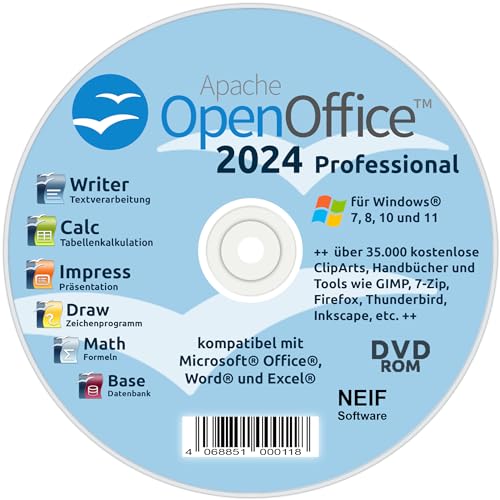 Open Office 2024 Professional Vollversion auf DVD - kompatibel mit Microsoft® Office® Word® und Excel® - für Windows 11/10/8/7