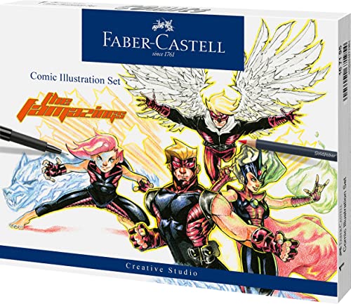 FABER-CASTELL 167195 - Pitt Artist Pen Comic Illustration Set, 3 Tuschestifte, 3 Aquarellfarbstifte und Zubehör, 15 teilig